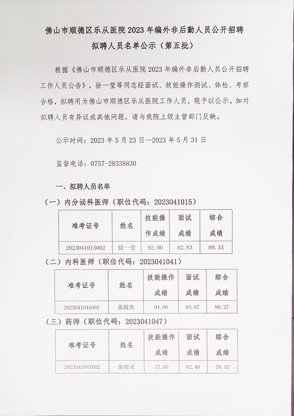 佛山市顺德区乐从医院2023年编外非后勤人员公开招聘拟聘人员名单公示（第五批）_1.jpg