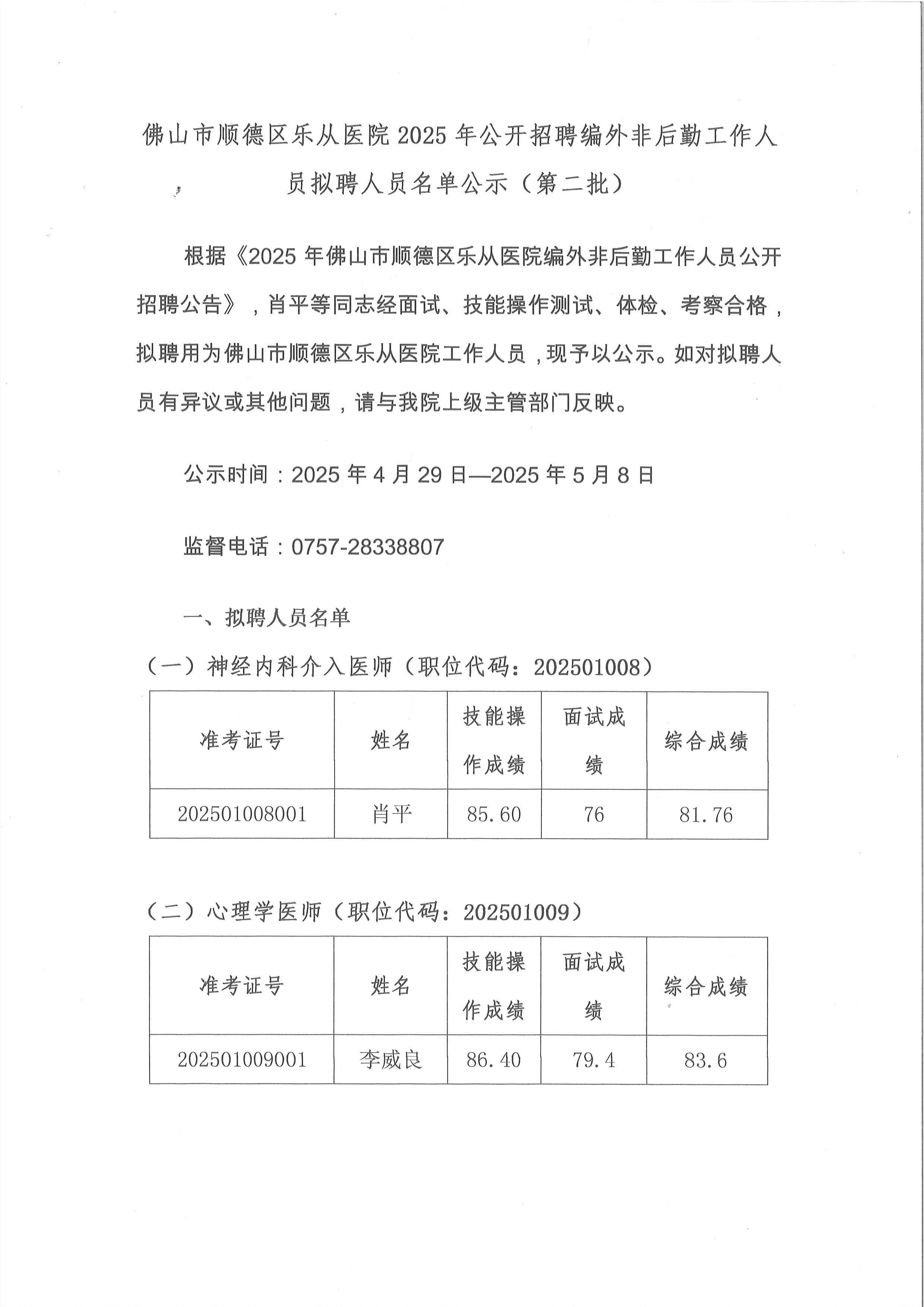 佛山市顺德区乐从医院2025年公开招聘编外非后勤工作人员拟聘人员名单公示（第二批）1.jpg