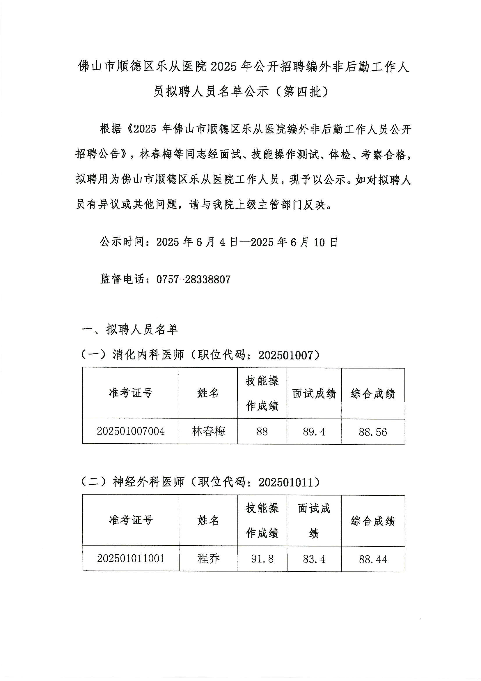 佛山市顺德区乐从医院2025年公开招聘编外非后勤工作人员拟聘人员名单公示（第四批）1.JPG