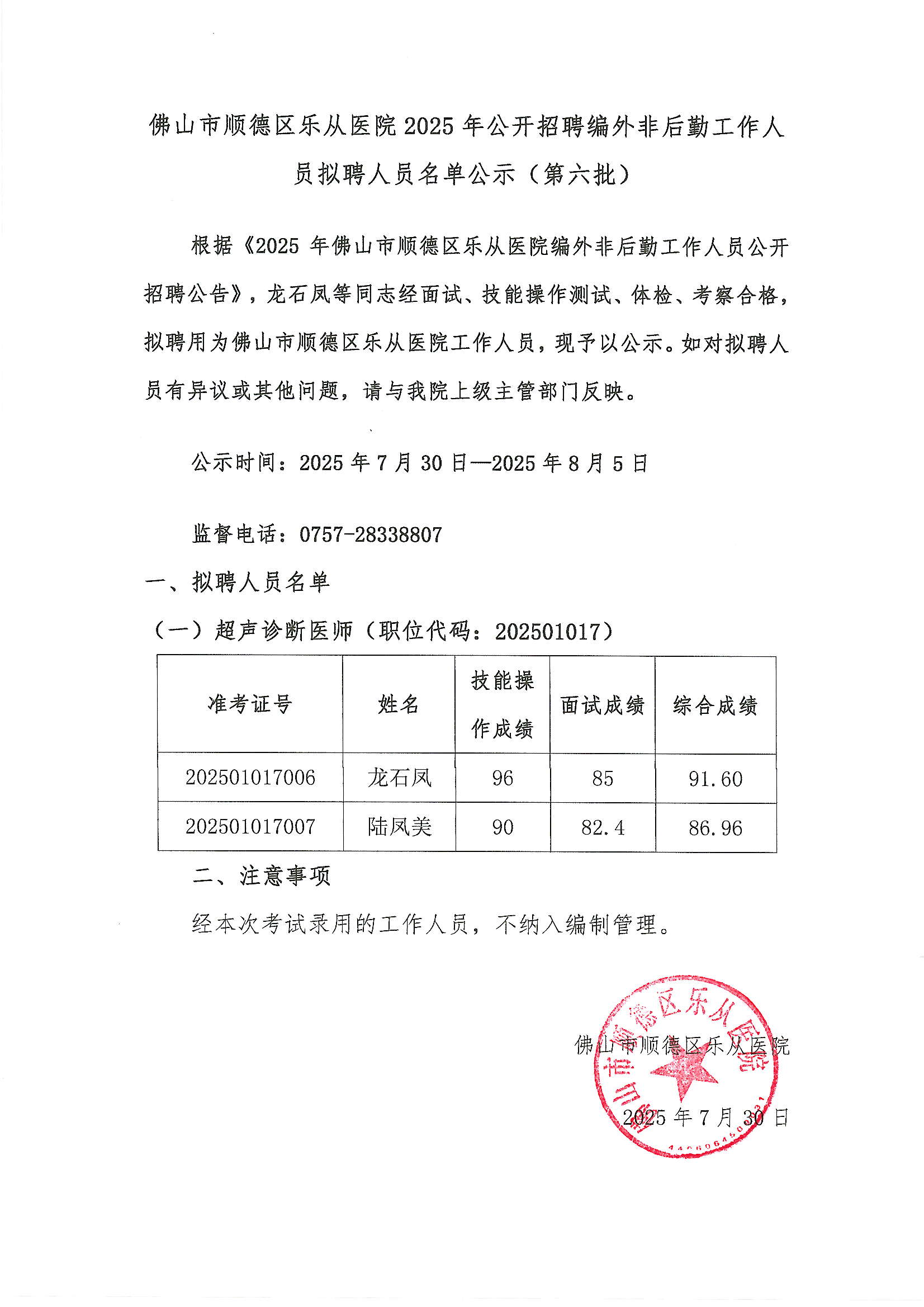 佛山市顺德区乐从医院2025年公开招聘编外非后勤工作人员拟聘人员名单公示（第六批）.JPG