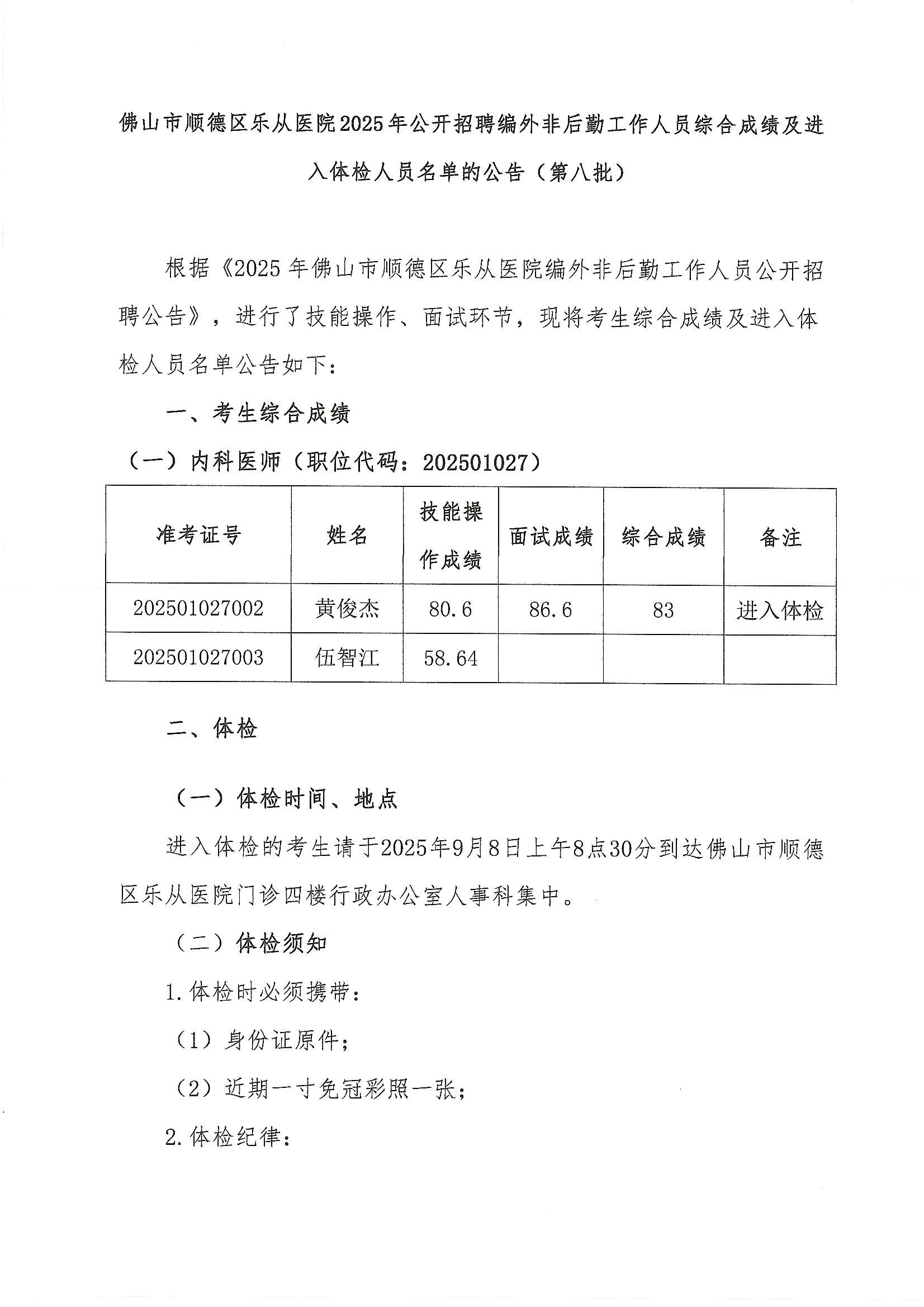 佛山市顺德区乐从医院2025年公开招聘编外非后勤工作人员公开招聘综合成绩及进入体检人员名单的公告（第八批）1.JPG