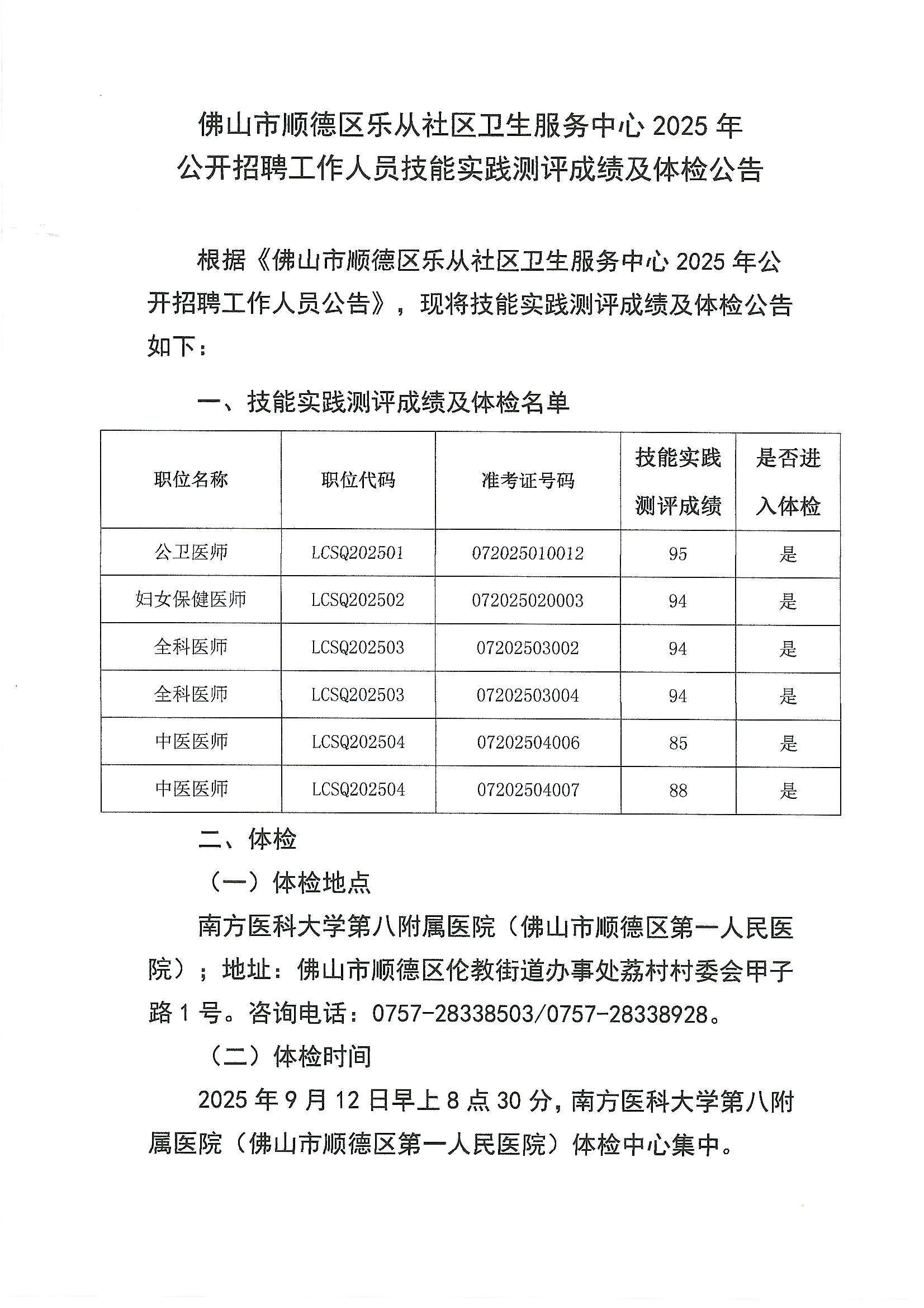 佛山市顺德区乐从社区卫生服务中心2025年公开招聘工作人员技能实践测评成绩及体检公告1.JPG